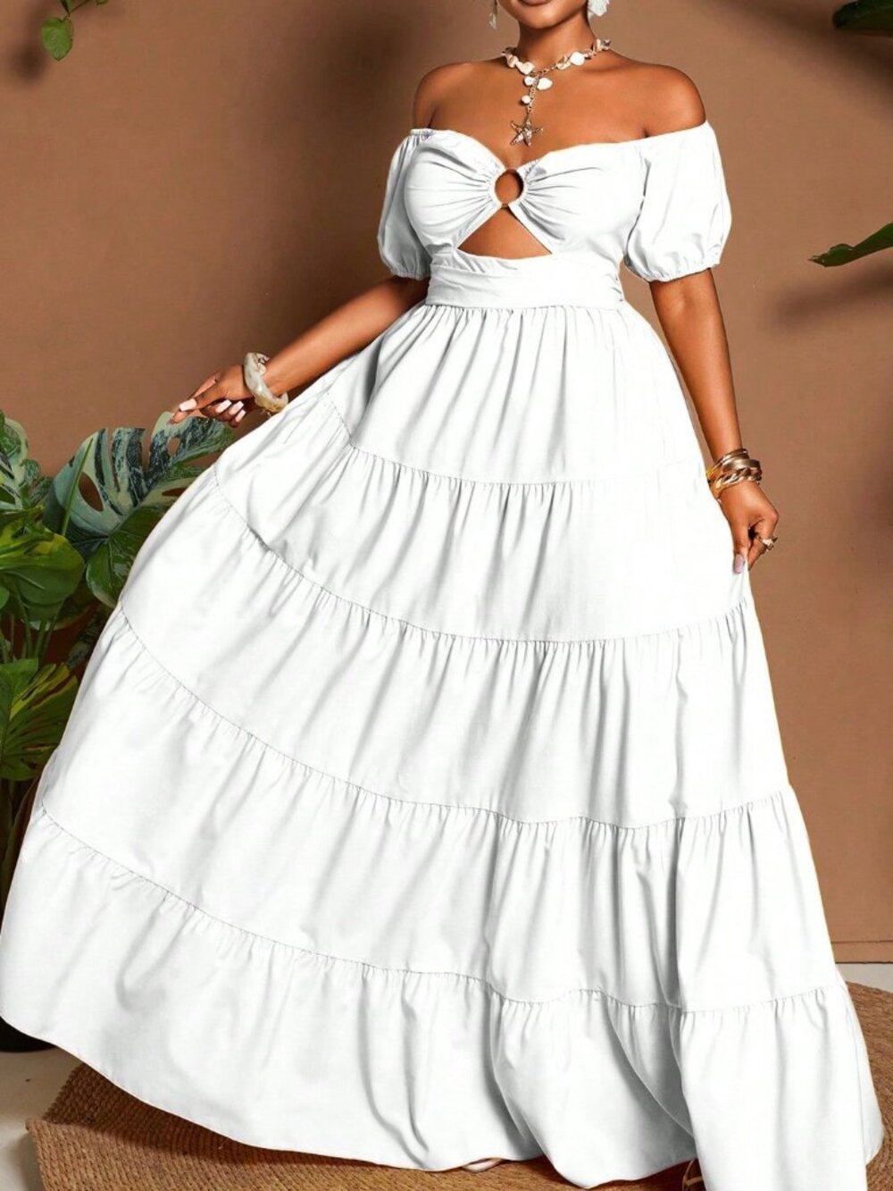 White Boho Women's Plus Size Vacation Off-Shoulder Petal Sleeve maxi Dress - Picture 7 of 8